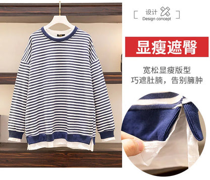 150Kg Plus Größe frauen Fehlschlag 157 Frühling Herbst Neue Lose Gefälschte Zwei-Stück Lange Ärmeln Gestreiften sweatshirt 5XL 6XL 7XL 8XL 9XL.