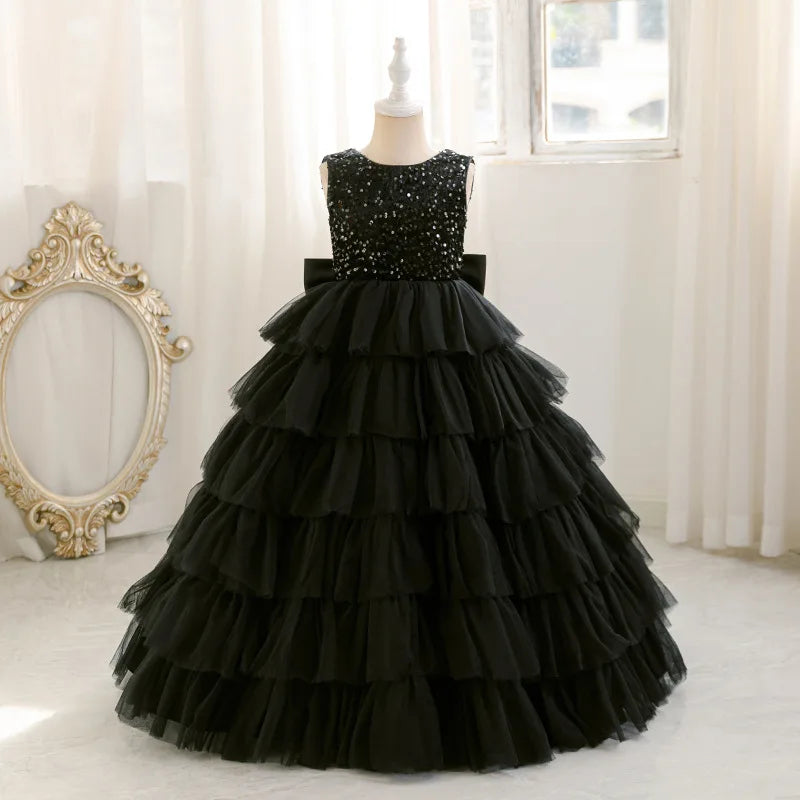 Mode Pailletten Mädchen Prinzessin Kleid Geburtstag Party Mädchen Layered Schwarz Hochzeit Kleid Für Kinder Elegante Klavier Leistung Kleid.