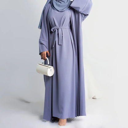 2 Piece Open Abaya for Women Long Hijab Dress Ramadan Eid Crepe Islamic Clothing Dubai Turkey Party Kaftan Outfit Muslim Set