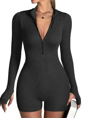 High Elasticity Yoga Suit Women's Thumb-Closed Bodysuit Zipper Tight Exercise Fitness Clothing Nylon Material Chinese Origin.