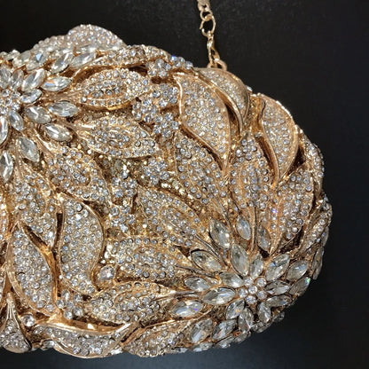 Gold Metal Leaves White Crystals Evening Clutch Bags Luxury Women Wedding Party Purse Ball Handbags Rhinestone Mini heart bag