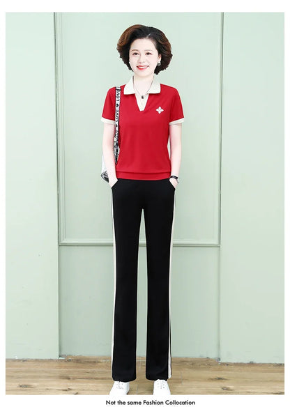 Casual Breathable Short Sleeve Sportswear Set for Middle-Aged Mothers Fashionable Summer Clothing Grandmother Style.