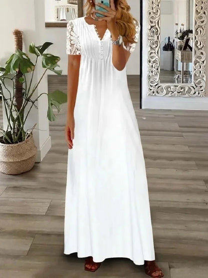 Frühjahr/Sommer Mode frauen Kurzarm Gedruckt Spitze Kleider Elegante frauen Weiß V-ausschnitt Slim Fit Party Lange vestidos.