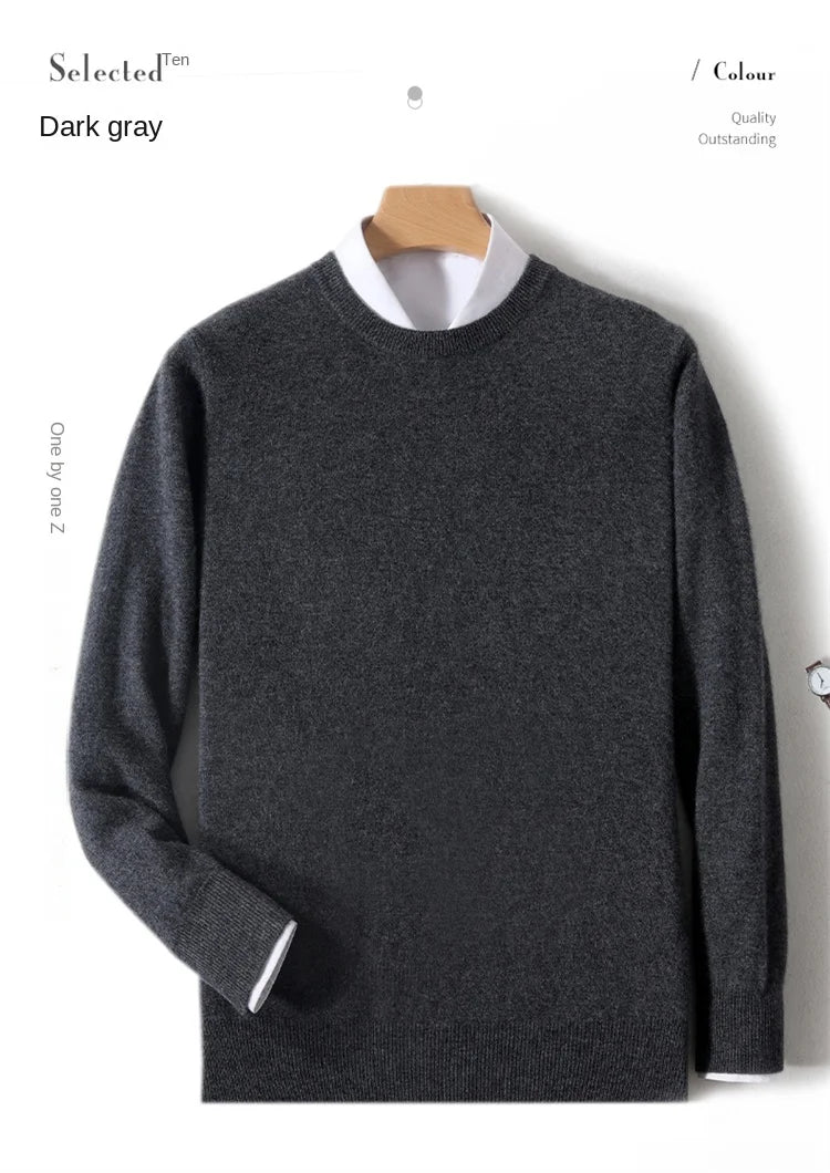 2025 100% Pure Merino Wool Men's Round Neck Pullover Solid Color Plus Size Casual Sweater Autumn And Winter Sports Cashmere Top
