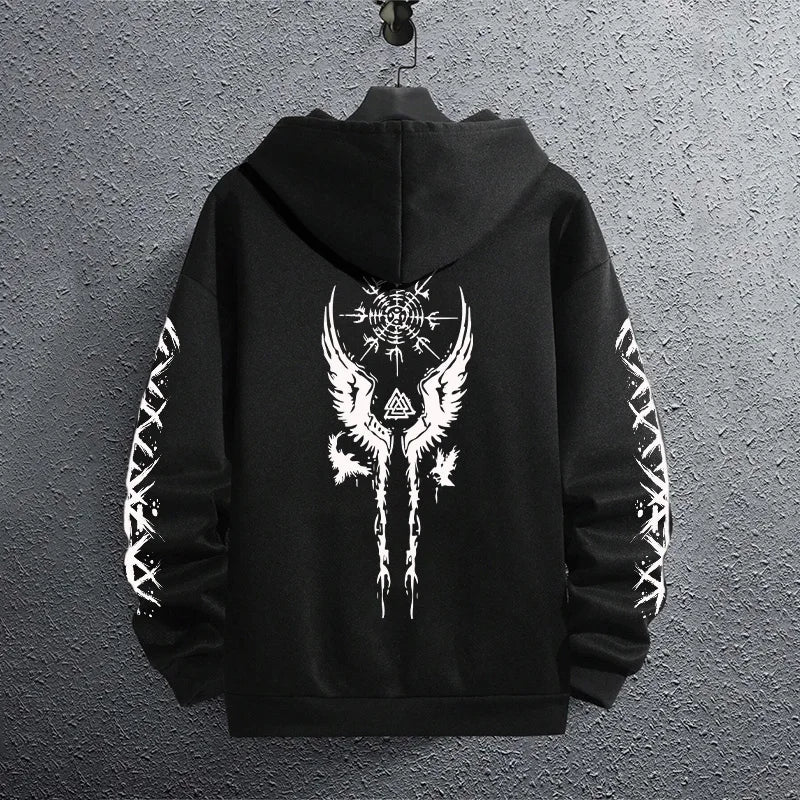 2025 Brand New Black Sweatshirts Autumn Winter Male Daily Casual Sporty Jogging Hoodie Men's Ancient Viking Raven Print Pullover.