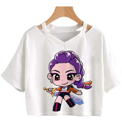Kpop Demon Hunters Girls O-Neck Casual Women Summer Shirts Crop T-shirt.
