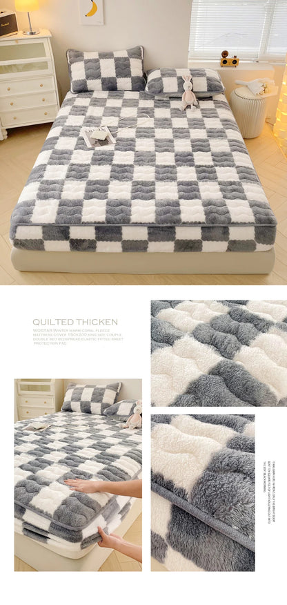 WOSTAR Winter warm coral fleece mattress protector cover fluffy plush plaid print elastic fitted sheet bed protection pad 90x200.