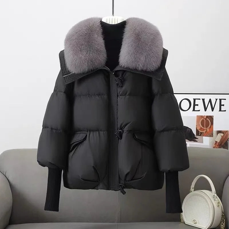 2025 Winter Neue Unten Kurze Gepolsterte Jacke Frauen Parkas Pelz Kragen Dicke Baumwolle Mäntel Kleidung Schwarz Casual Oberbekleidung Weibliche neue
