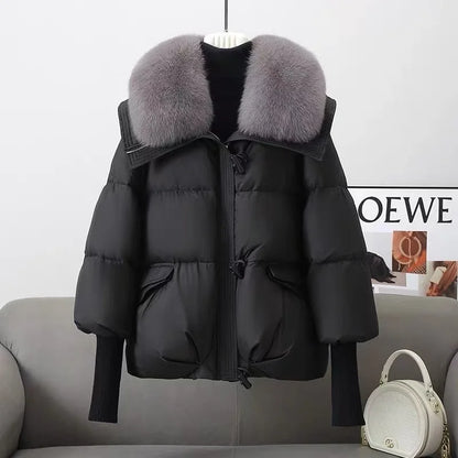 2025 Winter Neue Unten Kurze Gepolsterte Jacke Frauen Parkas Pelz Kragen Dicke Baumwolle Mäntel Kleidung Schwarz Casual Oberbekleidung Weibliche neue