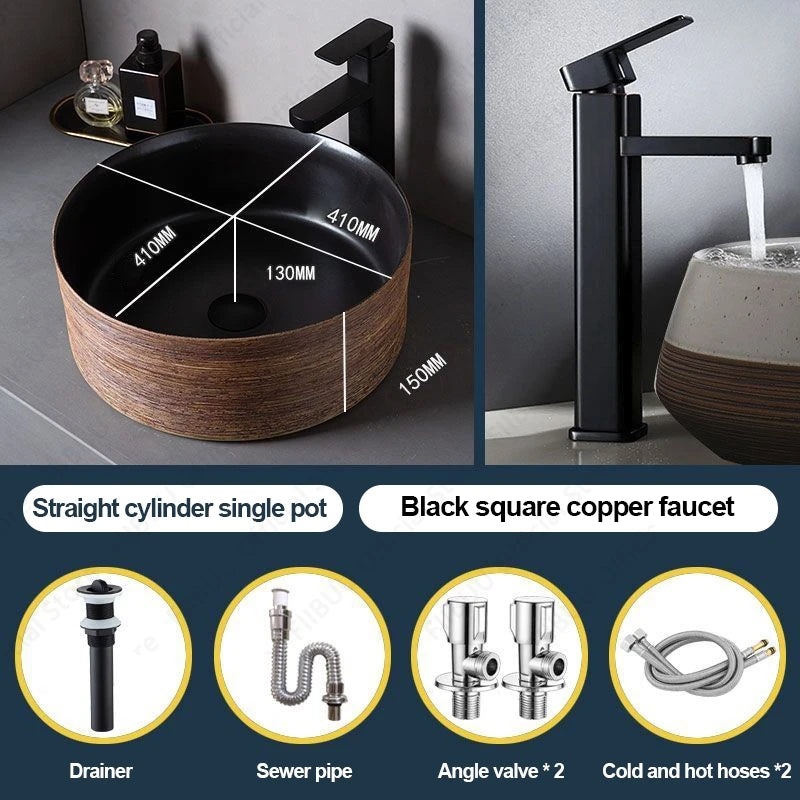 Braunes Porzellan-Keramik-Waschbecken über der Theke, Waschtisch, Schüsselbecken, Badezimmer, Sanitär, Balkon, Tisch, Waschbecken, Arbeitsplatte, ovales Waschbecken