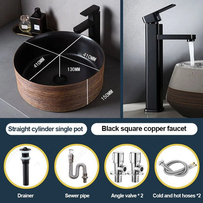 Braunes Porzellan-Keramik-Waschbecken über der Theke, Waschtisch, Schüsselbecken, Badezimmer, Sanitär, Balkon, Tisch, Waschbecken, Arbeitsplatte, ovales Waschbecken