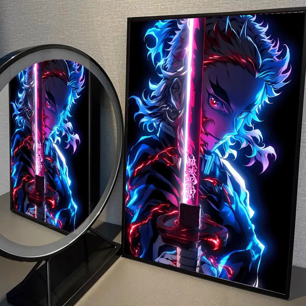 1pc Neon Effect Japan Anime Demon Slayer Tanjiro Nezuko Character Poster Self-adhesive Art Waterproof Paper Sticker Wall Decor