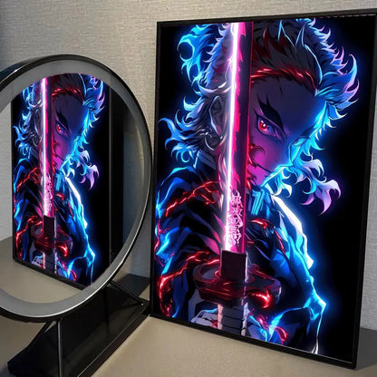 1pc Neon Effect Japan Anime Demon Slayer Tanjiro Nezuko Character Poster Self-adhesive Art Waterproof Paper Sticker Wall Decor