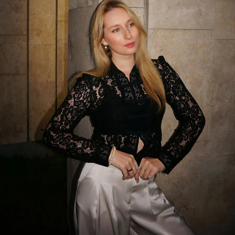 Tuularose Luxury Lace Blouse Fashion Lace Print Single Breasted Slim Shirt Vintage Elegant Party Looks Summer Women Blouse Tops.