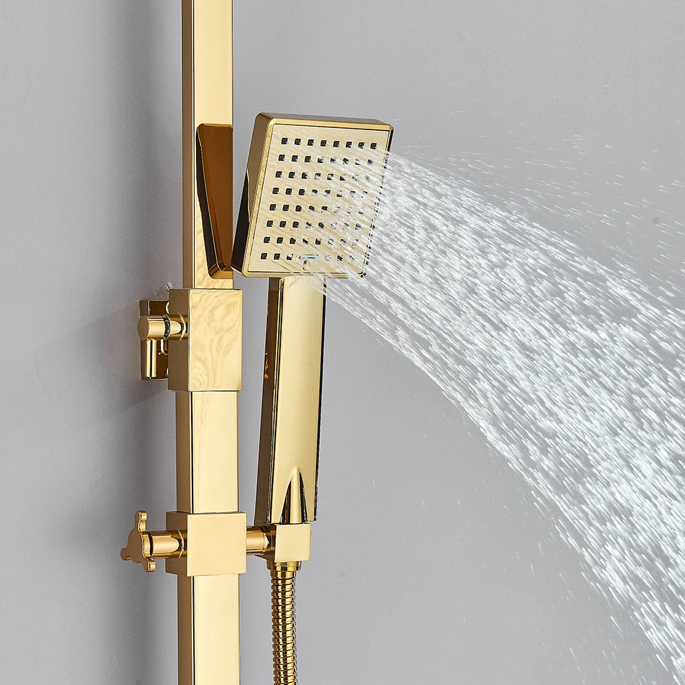 Golden Bathroom Shower Faucet Wall Mounted Rainfall Shower System Bathroom Rotate Bathtub Spout with Hand Shower