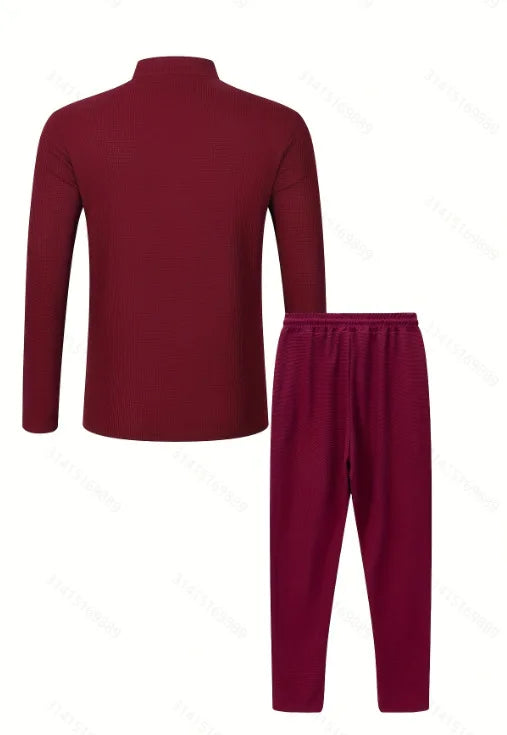 Men's Waffle Check Stand-Up Collar Semi-Casual Business Suit Two-Piece Set Button-Down Top with Comfortable Trousers.