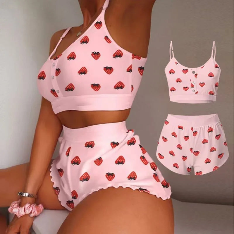 2025 neue Frauen Nachtwäsche Lippen Schmetterling Drucken Hause Ausgesetzt Pyjamas Set Weste Bh Top Kurze Nachtwäsche Dessous frauen Nachthemd.