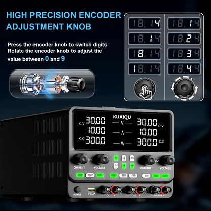 KUAIQU Newest 30V10A Dual Channel Bench Power Supply 3-Way Series-Parallel Output Overvoltage Overcurrent Protection Laboratory.