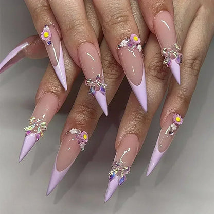 White Glitter Powder Bowknot Long Pointed Fake Nails Art Ballet False Nail Cow Print Pearl Rhinestone Pink Almond Press on Nails