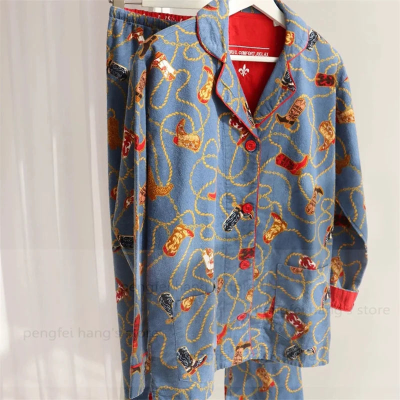 2025 Autumn New Home Clothes Lady Cotton Pajamas Suit Cute Cartoon Print Nightwear Luxury Shirt Pants Girlfriend Gift Loungewear.