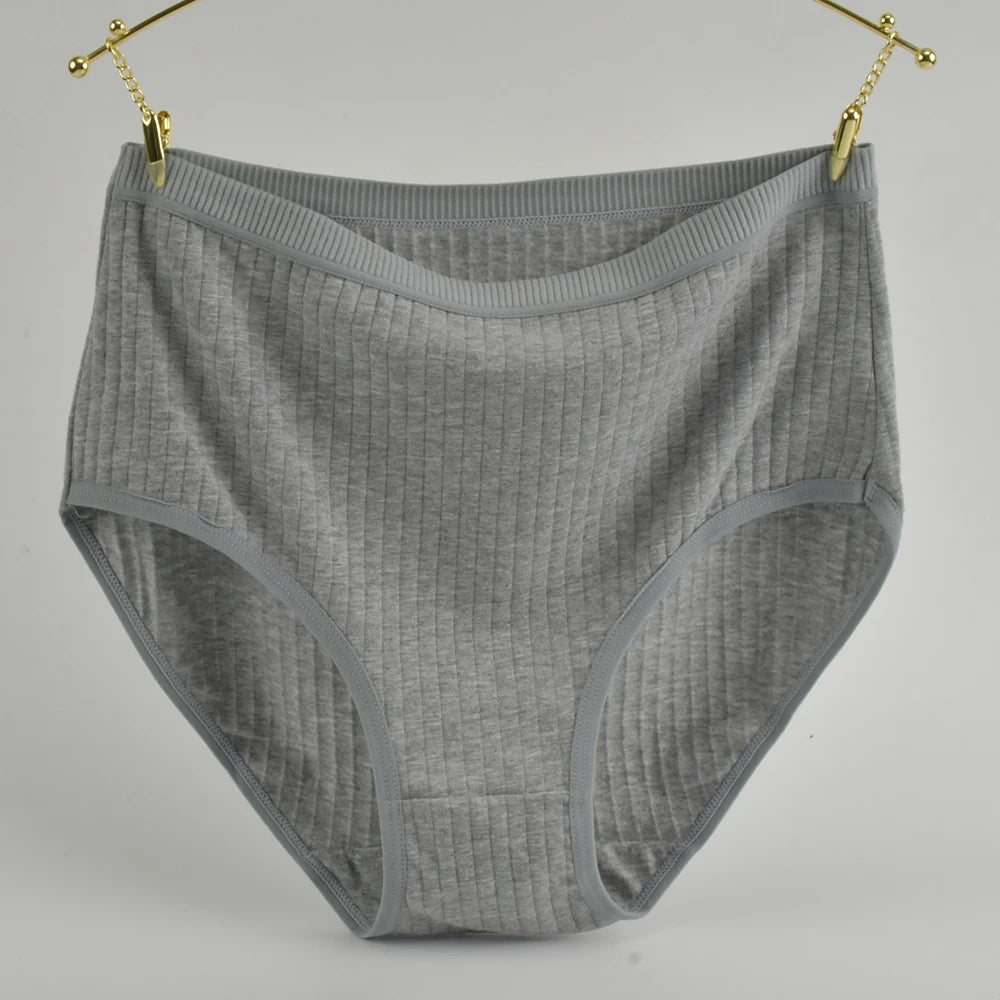 1pc Women's Cotton High Waist Panties – Vertical Stripe Plus Size Underwear Breathable Solid Lingerie Shorts Simple Lady Briefs.