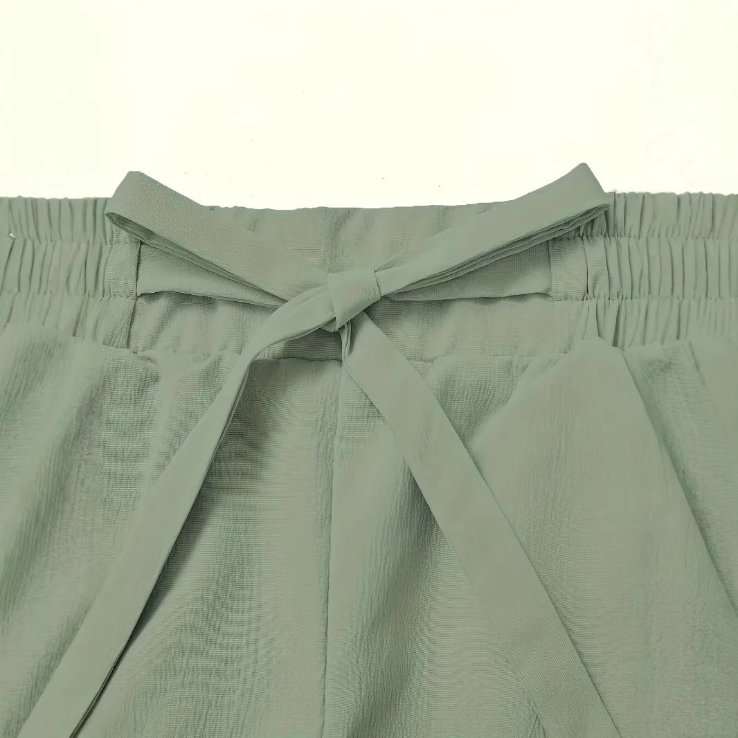 Women's fashion elegant suspender trousers set solid color casual elegant fake belt cw32369.