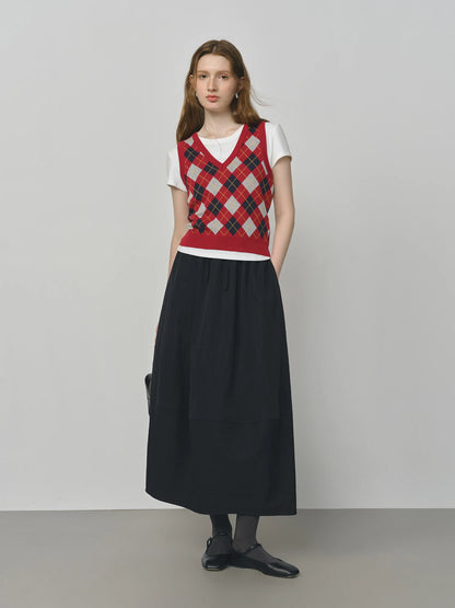 FSLE Plaid Rot Grau V-ausschnitt Gestrickte Weste Top für Frauen 2025, Herbst Neue Ankunft Retro College Stil Oberbekleidung Weste 25FS13248.