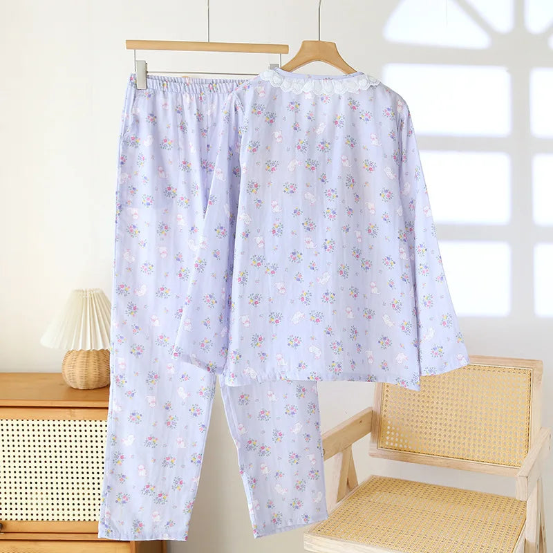 Spitzen-Design, Rundhals-Pyjama-Set aus Baumwolle, doppellagig, Gaze, für Damen, vier Jahreszeiten, dünne, langärmelige Hosen, Strickjacken, Kleidung.