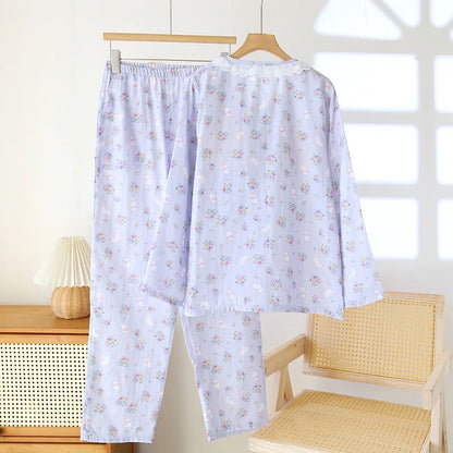 Spitzen-Design, Rundhals-Pyjama-Set aus Baumwolle, doppellagig, Gaze, für Damen, vier Jahreszeiten, dünne, langärmelige Hosen, Strickjacken, Kleidung.