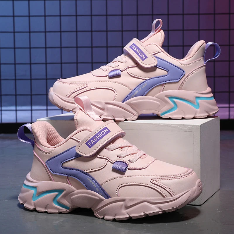 Sport Girl Casual Shoe Leather 5-16Years Boy Tenis Shoe Outdoor Children Running Sneaker Anti Slip Soft Sole Walking Footwear.