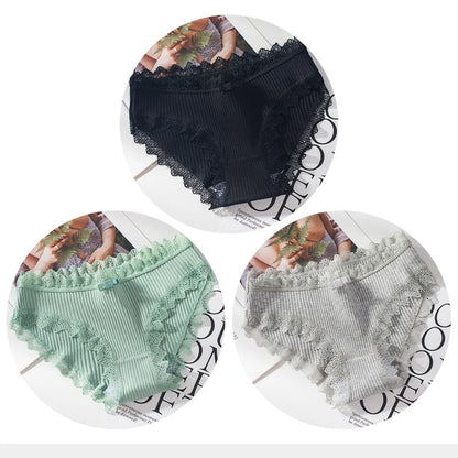 Cotton Panties Woman Sexy Lace Briefs Fashion Solid Color knickers Girls Bow Underpants Set Underwear 3 Pcs/lot.