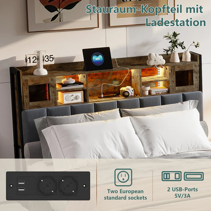 Rosahqnda Doppelbettgestell 140–160 x 200 cm mit LED, USB und Schubladen, gepolstertes Jugendbett, Wohnungsbett, Gästezimmer, Leinen, Grau