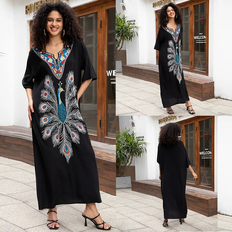 Badeanzug Vertuschungen Stickerei V-Ausschnitt Kurzarm Bad vertuschen für Frauen Kaftan Kleider.