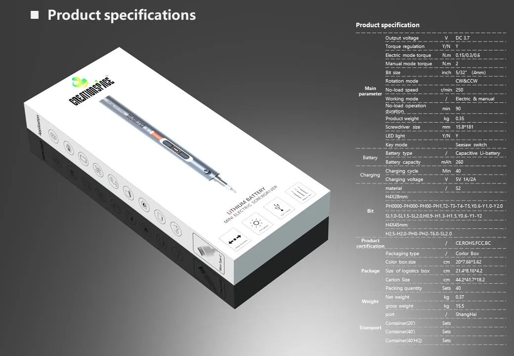 CreationSpace 3,6 V Mini-Elektroschrauber, wiederaufladbarer Schraubendreher-Set mit LED-Licht, 3 Drehmomenteinstellungen, CS0702A, CS701A