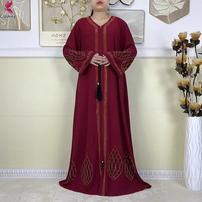 New Dubai Women Elegant Dress Diamonds Chiffon Open Abaya with Zipper Islamic Turkey Clothing Women Muslim Party Evening Dress.