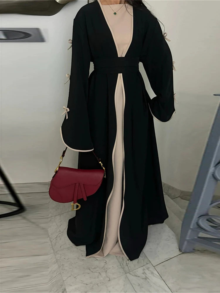 Ramadan Eid Open Modest Kimono Butterfly Bow Abaya Dubai Luxury Muslim Abayas for Women Islam Kebaya Caftan Robe Femme Musulmane.