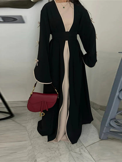 Ramadan Eid Open Modest Kimono Butterfly Bow Abaya Dubai Luxury Muslim Abayas for Women Islam Kebaya Caftan Robe Femme Musulmane.