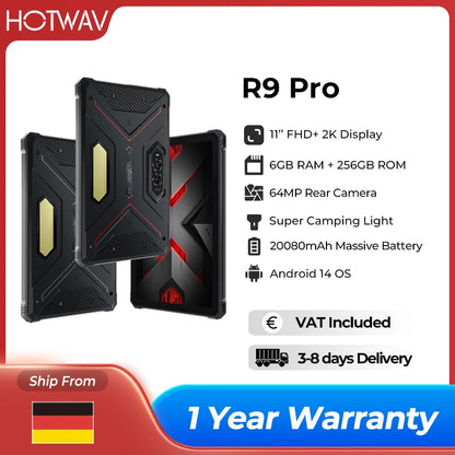 HOTWAV R9 Pro Rugged Tablet Android 14 11" FHD+ 20080mAh Pad 64MP Rear Camera 6GB 256GB Tablet PC With Super Camping light.