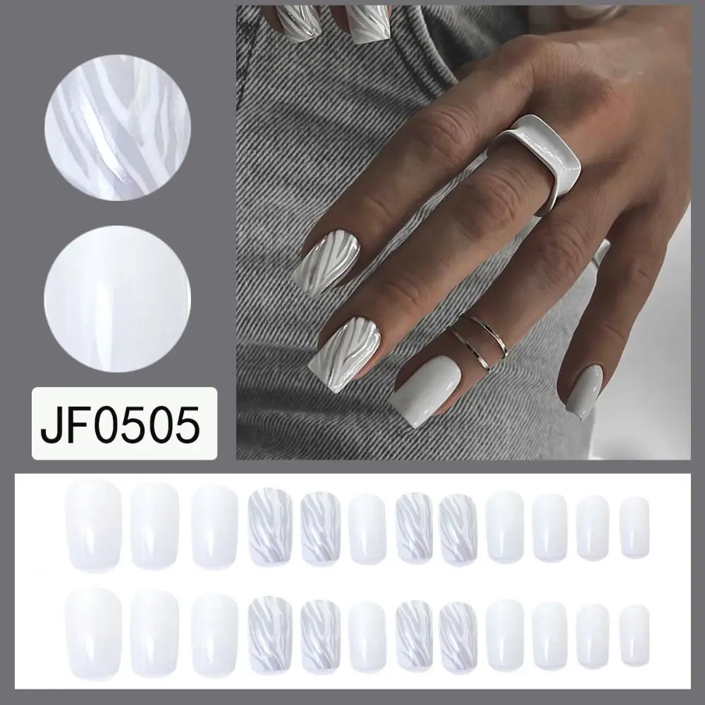 24PCS Short Square False Nails French White Edge Fake Nials Silver Flame Full Cover Press On Nails Detachable Ballerina Nail Tip.