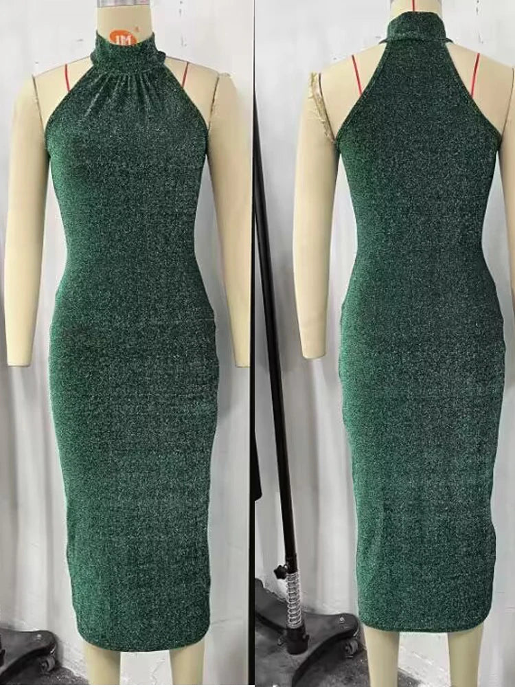 Frauen High Neck Sleeveless Glitter Bodycon Kleid.