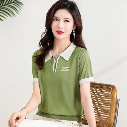 Fashionable polo collar middle-aged and elderly women's loose knitwear thin casual short-sleeved T-shirt