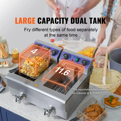 SucceBuy Commercial Electric Deep Fryer w/Dual Tanks 12L 3000W  Stainless Steel Countertop Fryer for Fried Chicken French Fries.