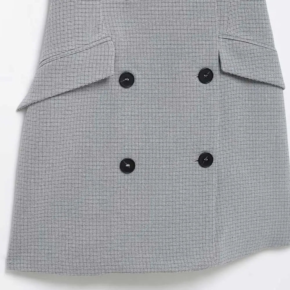 TRZA Mode Zweireiher Plaid Halter Mini Kleid für Frauen Front Klappen Taschen Backless Weibliche Kleider Vestidos Mujer.