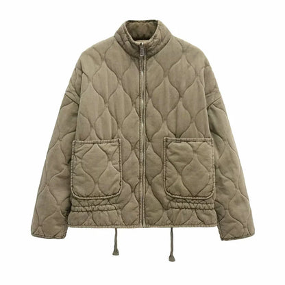 ZW Women's Cotton Jacket  2025 New Arrival Vintage Lenzing Rayon High Collar Large Pocket Decorative Quilted Coat for Women