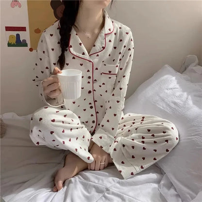 M-XXL Large Size Nightwear Women Sleepwear Autumn and Winter Cardigan Home Wear Peach Heart Long Sleeves School Silk Pajamas.