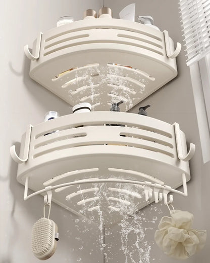 Weiße Badezimmerregale mit Handtuchhalter und Haken, Shampoo-Make-up-Aufbewahrungsorganisator, selbstklebendes, an der Wand montiertes Dusch-Eckregal