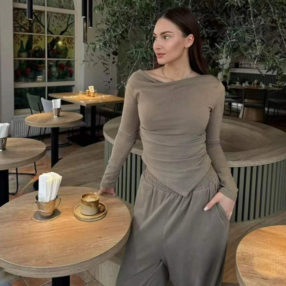 Autumn Winter Casual Pant Sets for Women Sexy Off The Shoulder Top and Long Pant Outfits Fashion Irregular Two Piece Set 2025.