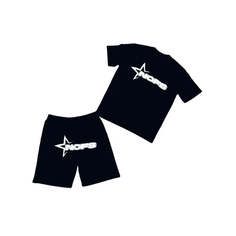 Y2K T-shirt Short Kpop Street Fashion Print Unisex Short Sleeve Tops Casual Loose Drawstring Shorts Pant Women Men Clothing Tees