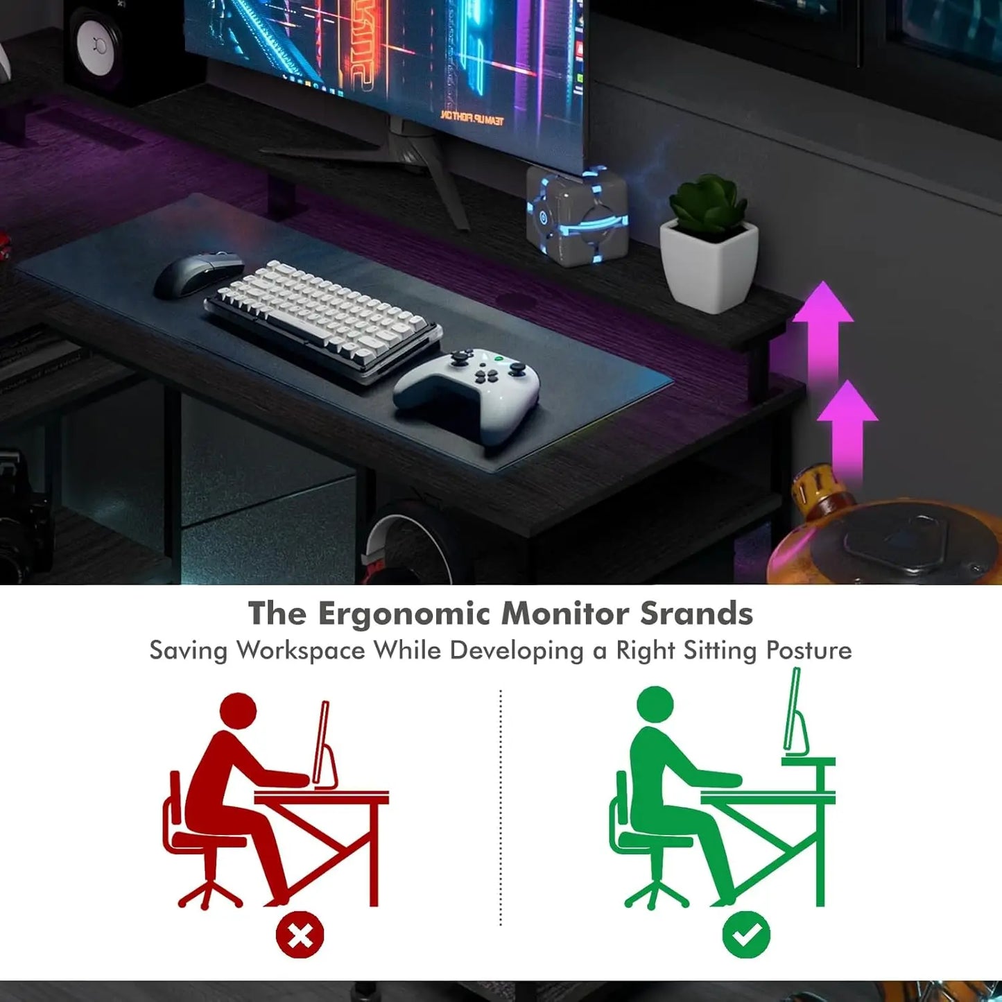 RGB Gaming Schreibtisch L-förmiger Eckschreibtisch Multifunktionaler Computertisch mit Monitorständer und Ablage