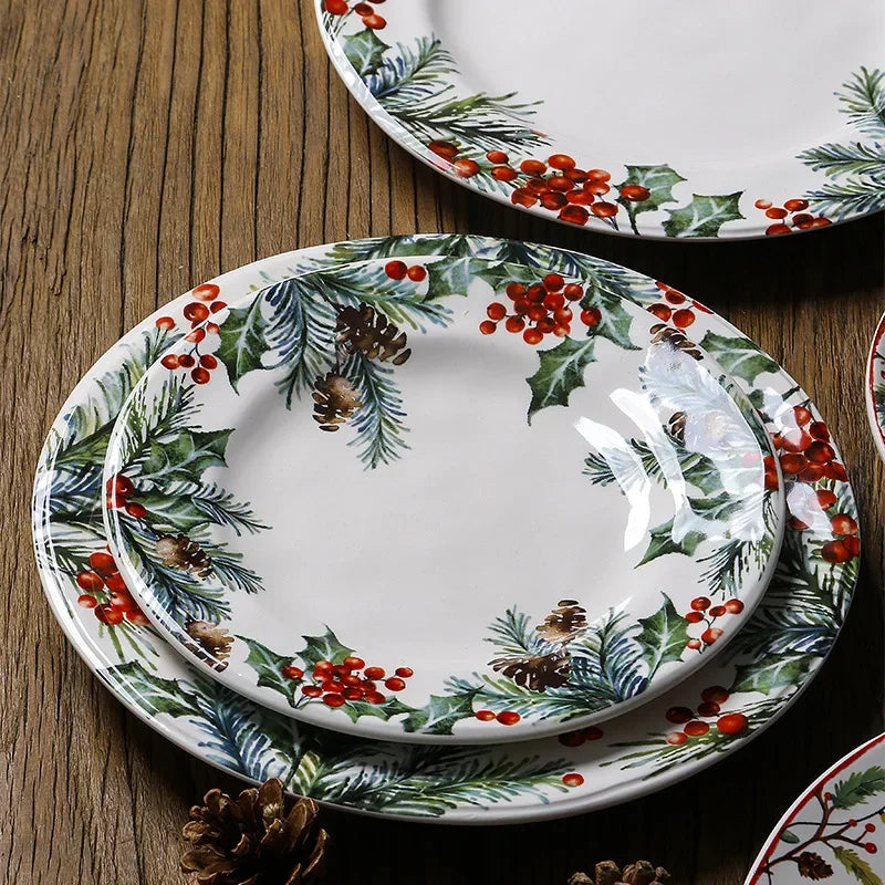 Christmas Ceramic Dinner Plate Set Household Underglaze Flat Round Dim Sum Decorative  Sushi.